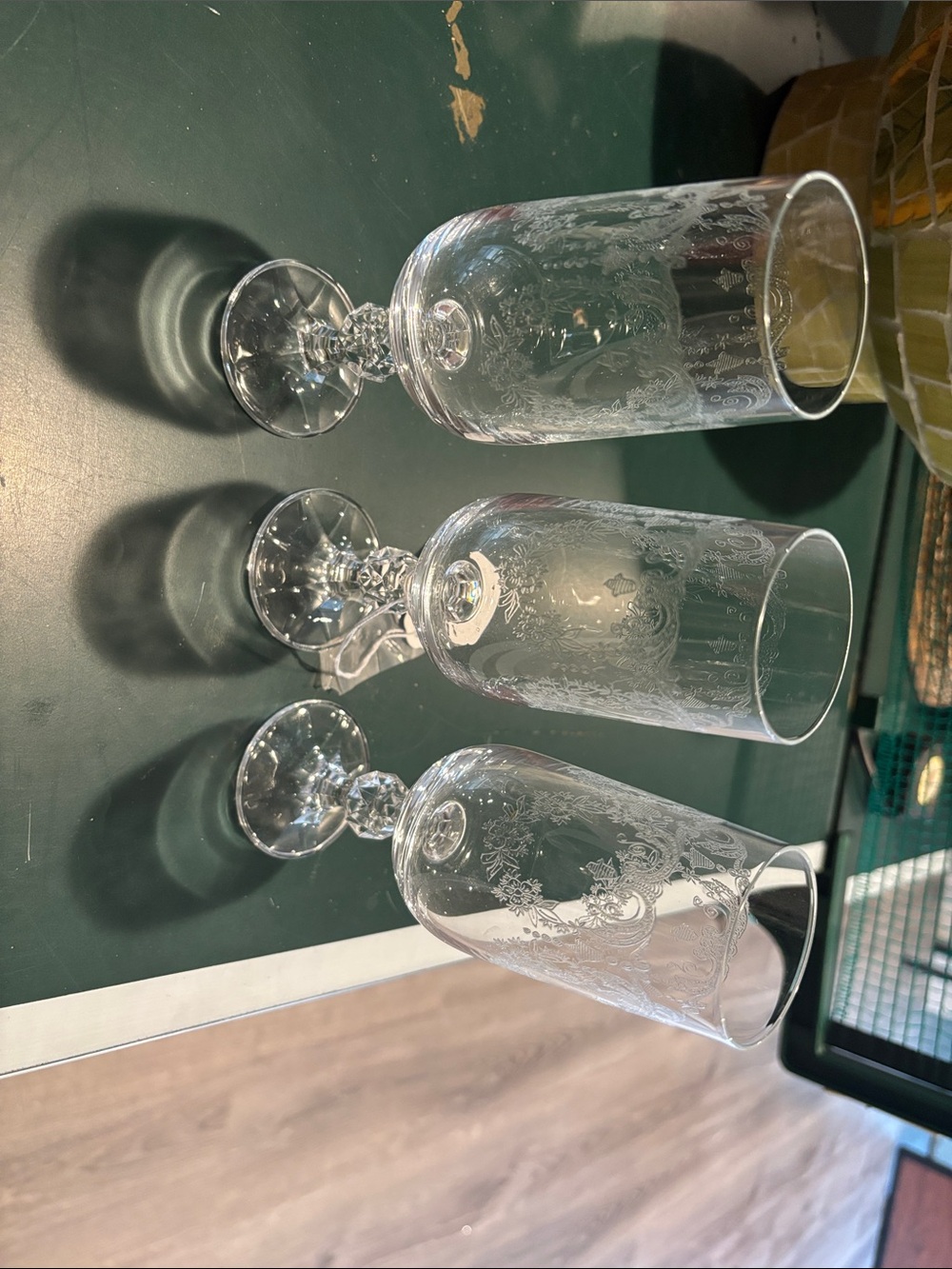 Set of 3 Etched Bohemian crystal flutes